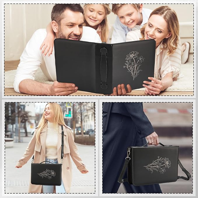 19PCS Floral Black Leather Bible Cover for Women Bible Cover Cases for Teen Girls Christmas Gift Christian Church Carrying Bag Journaling Kit with Shoulder Strap Highlighter Pens & Book Marker