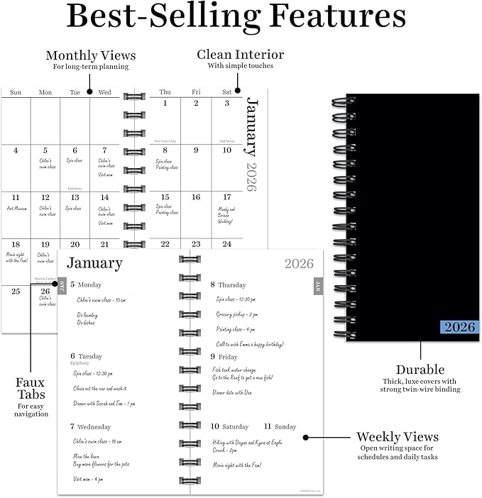 TF Publishing 2026 Black Small Weekly Monthly Planner with 2-Page Monthly Calendar Grid, Weekly Planning Pages, and Lined Notes Section in Back - Mini Planner for Pocket or Purse - 3.5in x 6.5in