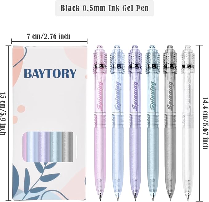 BAYTORY 6 Pcs Gel Pens, 0.5mm Retractable Black Ink Fine Point Pen, Smooth Writing Quick Dry Ink Pens for School Office Home (Light Color)