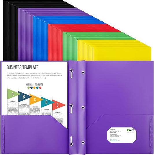 Cholemy 104 Packs Pocket Folders with Prongs Heavy Duty Plastic Folder with Business Card Slot 3 Prong Fasteners for School Office (Stylish)