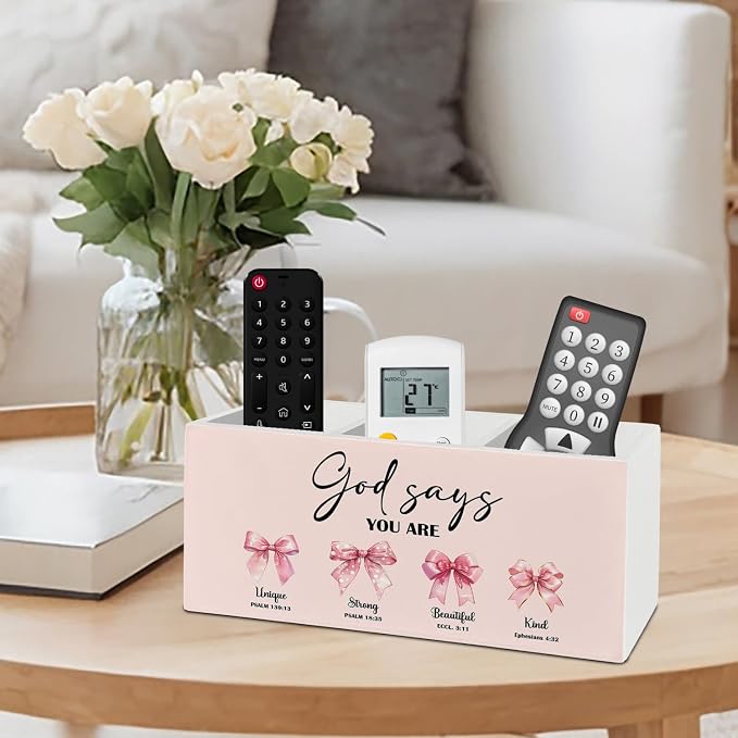Pink Coquette Bow Christian Pen Pencil Holder Organizer for Desk Accessories, God Says You Are Bible Verse Inspirational Preppy Wooden Box Sign Desk Decor for Girly Bedroom Dorm Decoration