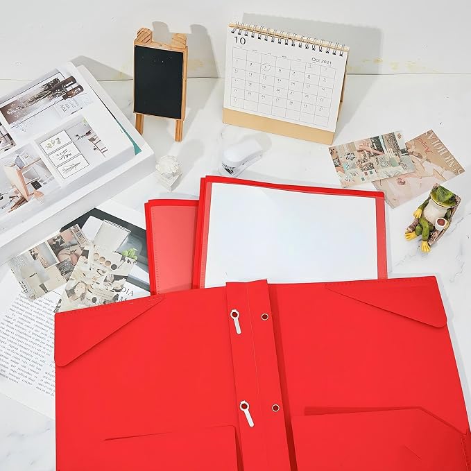 Henoyso 18 Pcs Plastic Folder with Clear Front Pocket and 3 Prong Plastic Folders with Card Slot Pocket Folders with Prongs for School Office (Red)