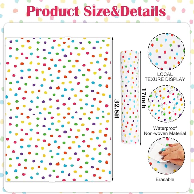 JarThenaAMCS Colorful Polka Dots Bulletin Board Roll Waterproof Erasable Bulletin Board Paper Roll for DIY Craft Drawing Painting Office Classroom Wall Decoration, 17 in x 32.8 Ft