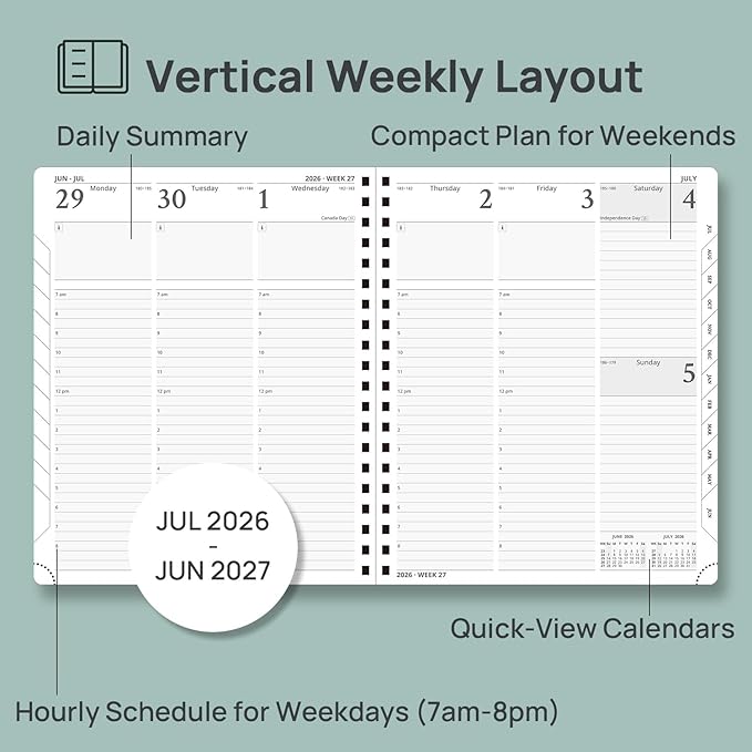 POPRUN Planner 2026-2027 (Large - 8.5'' x 10.5'') Academic Weekly Calendar (July 2026 - June 2027) with Hourly Time Slots, Monthly Tabs, 100GSM Thick Papers, Spiral Leather Cover - Black