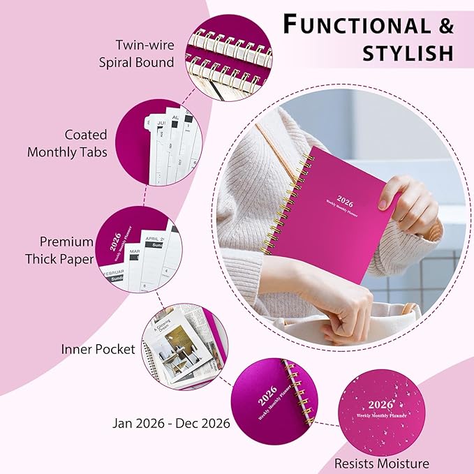Ymumuda 2026 Planner, Daily Weekly and Monthly Planner，Jan 2026 - Dec 2026, 8.4" x 6.3", 2026 Calendar Planner Book with Tabs, Spiral Notebook with Inner Pocket for Office Home School Supplies