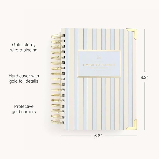 Simplified 2026 12-Month Spiral Daily Planner — Serene Stripe — January 2026 - December 2026, Calendar Year Organizer with Stickers, Pockets, and Keepsake Box