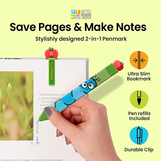 Gifts for Readers & Writers Pen Bookmark, Page Marker & Flat Writing Pen for Journal Notebook & Planner, Penmark Reading Accessory for Making Book Annotations, Bookworm
