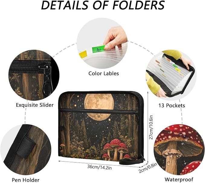 ALAZA Mushroom Forest Moon Expanding Filing Folder, 13 Pockets Expandable Document Organizer Folder with Zipper Closure for Home Office A4 Letter Size Paper Document