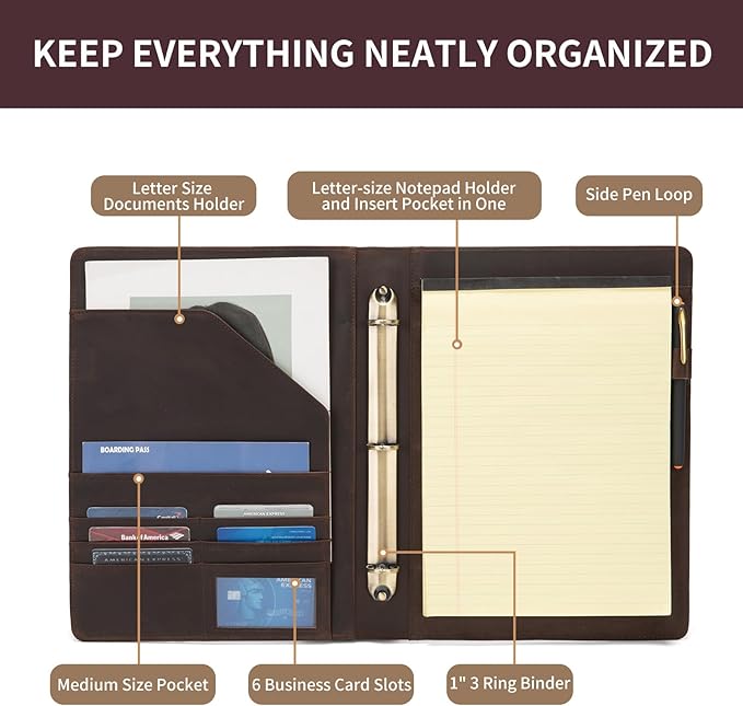 Personalized Genuine Leather 3 Ring Binder, Custom Engraved 8.5 x 11 Letter Size Folio with Pen Holder, Soft Notebook Portfolio Cover, Notepad Padfolio Organizer for Meeting, Dark Brown