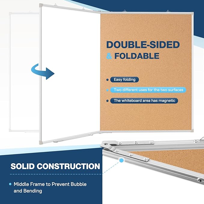 Large White Board Dry Erase Foldable Cork Board Combo, 48" x 36" Double Sided Dry Erase Board for Wall, Magnetic Whiteboard Cork Board Combination for Office, Home, School, Kitchen