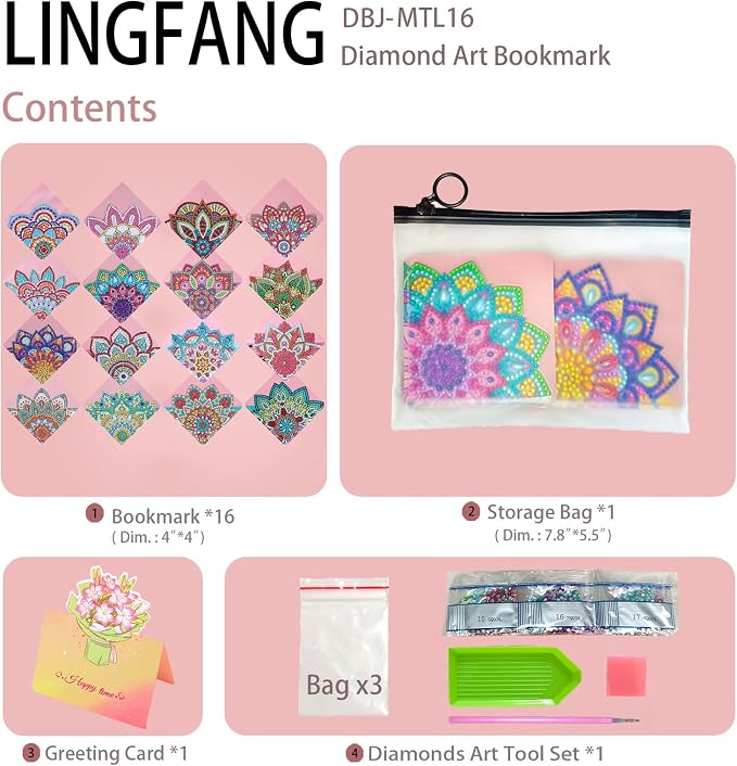 16 Pcs Diamond Painting Bookmark, DIY Corner Book Makers for Book Lovers, Diamond Art Beginners, Small Diamond Art Kits, Paint by Art Crafts Supplies Gift for Women Girls (Mandala)
