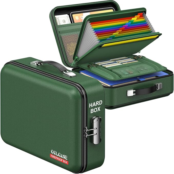 COLCASE Fireproof Document Box with Lock, Hard Fireproof Document Organizer | Hard-Shell Fireproof Waterproof Safe Box with Combination Lock Green