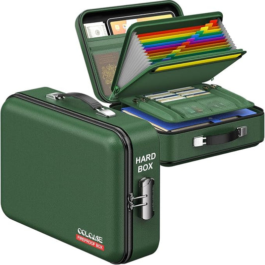 COLCASE Fireproof Document Box with Lock, Hard Fireproof Document Organizer | Hard-Shell Fireproof Waterproof Safe Box with Combination Lock Green