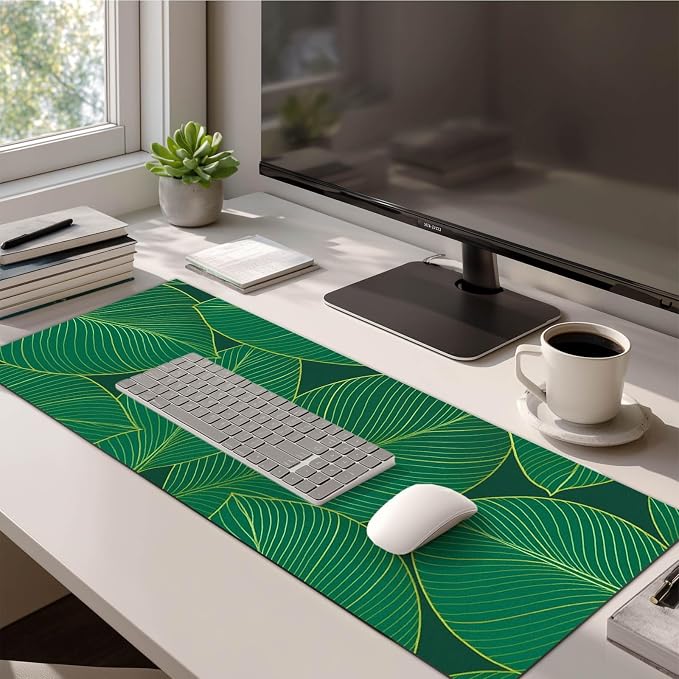 HOMETITUTE XL Mouse Pad 31.5 x 11.8 Inch Green Leaf Desk Mat Extended Large Keyboard Pad Non Slip Computer Mouse Pads Waterproof Desk Pad for Office Accessories Gaming Workstation Decor