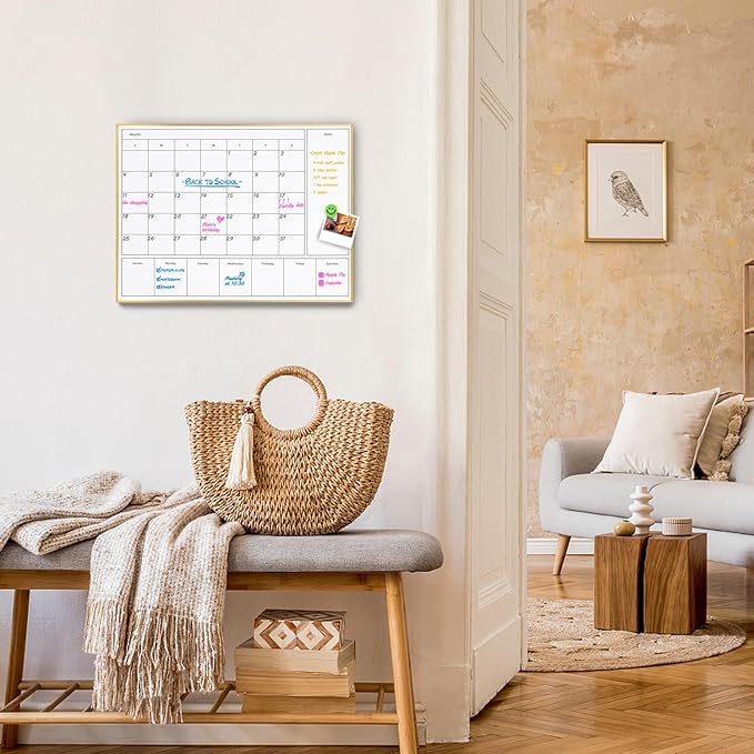 3-in-1 Dry Erase Calendar for Wall with Golden Aluminum Frame, 17x 13 inches Magnetic Monthly & Weekly Calendar Whiteboard, Dry Erase Board for Wall for Decor/Memo(YL+ZL-Gold,4333)