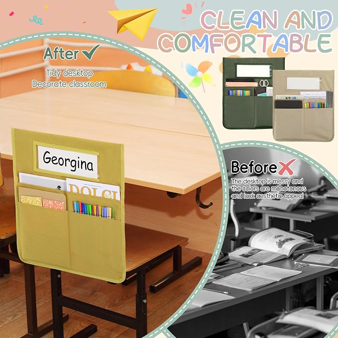 gisgfim 24 Pcs Chair Pockets for Classroom 16.7 x 19.3 Inch s with Name Tag Chairback 3 Pockets Chairs Seat Back Organizer for Elementary School Daycare Home Supply (Earth Color)