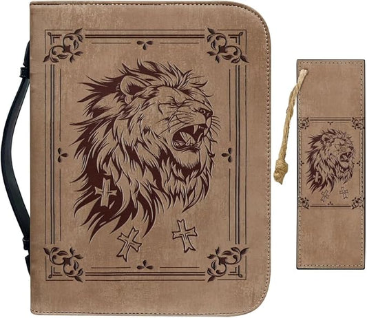 Vintage Religious Lion Bible Case with Bookmark Waterproof Bible Cover Case for Women Lightweight Bible Bag with Handle Pockets Church Book Bag Brown