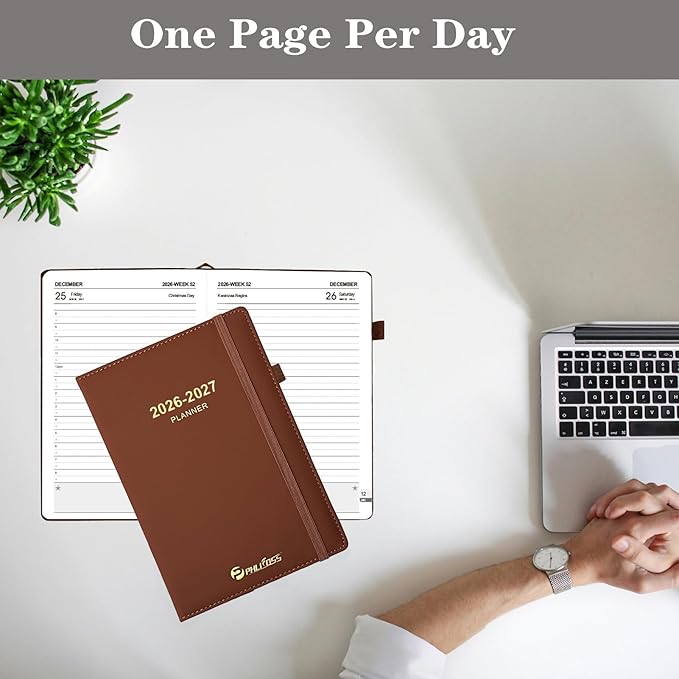 Daily Planner 2026-2027, Academic Calendar(July 2026 - June 2027) - One Page Per Day, Daily Monthly Agenda, 5.7" x 8.3" Appointment Book with Hourly Schedule and Monthly Tabs (Brown)