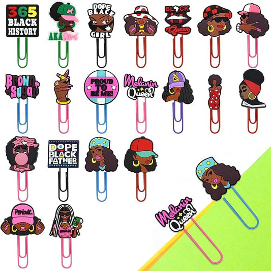 Cute Paper Clips,20Pcs Cute Black Girl Bookmark Paperclip Bulk Metal Fun Black Women Planner Clip Charms Clamp Desk Accessories Stationery Colorful Office Supplies gift for Student Teacher Party Decor