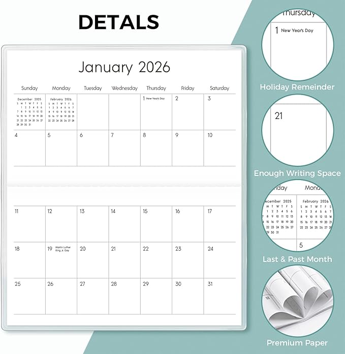 Pocket Calendar 2026-2027 for Purse, 2026-2027 Pocket Planner 24 Months with Soft Waterproof Cover and Premium Paper, 6.5" x 3.5", Bloom