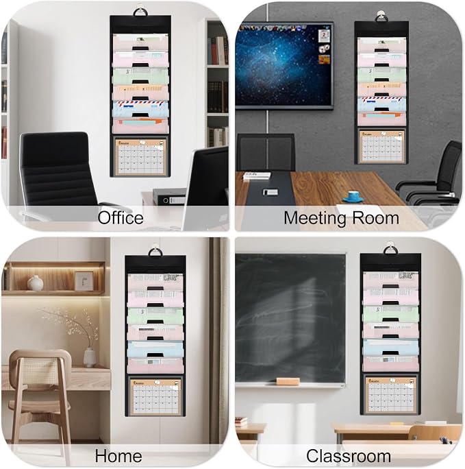 Wall File Organizer 6 Pocket, Hanging Wall File Organiser for Classrooms and Offices, 6 Removable File Folders Classrom Organization and Storage Black