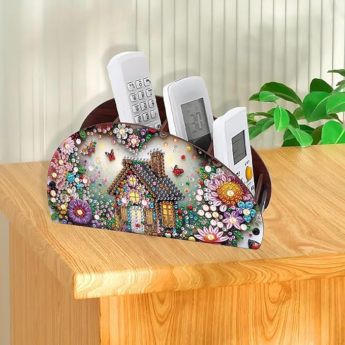 Remote Control Holder with 4 Compartments, DIY Diamond Art Painting Wooden Half Moon TV Control Holder for Remote Controllers, Office Supplies, Makeup Brush, Media Accessories-Wooden House