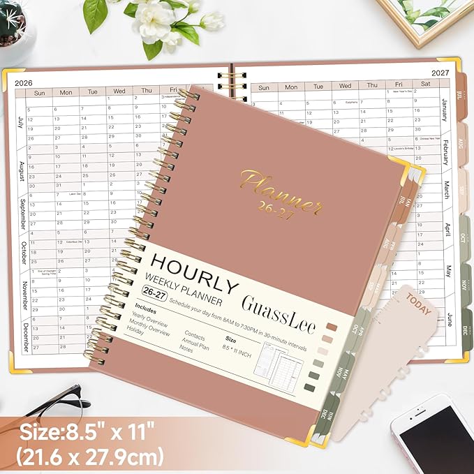 Large 2026-2027 Academic Planner, Weekly & Monthly Appointment Book from Jul. 2026 - Jun. 2027, Work & Life Daily Hourly Planner with Time Slots,A4 Agenda Organizer for School Office, Brown,8.5" x 11"