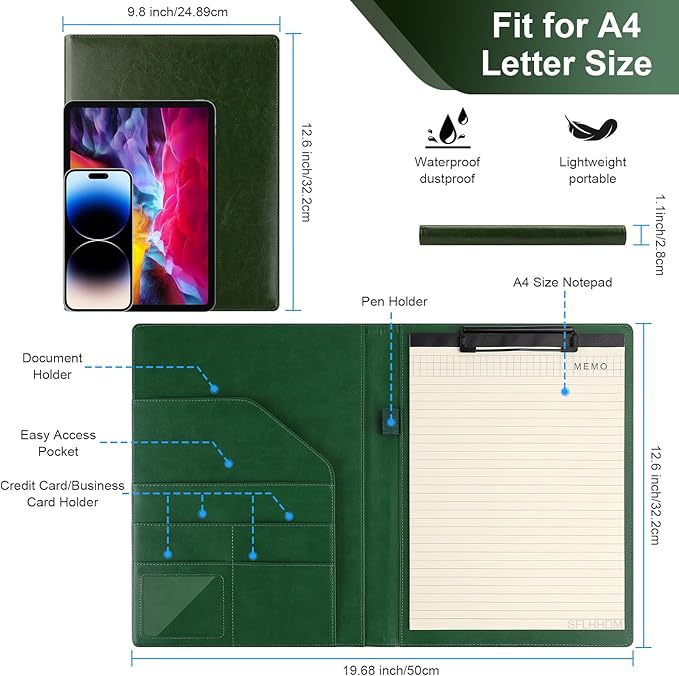 Clipboard Padfolio with Storage Pocket,Clipboard Folder Portfolio Organizer,360 Degree Foldable Clipboards,Faux Leather Padfolio Organizer (Olive Green, A4 Size Folder Without Elastic Band)