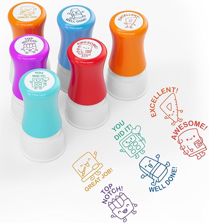6-Piece Set of Teacher Stamps - Stationery Cute Motivational Scoring for Grading Teacher Stamp Self Inking Stamp Behavior Stamps for Teachers Grading (Big Handle)