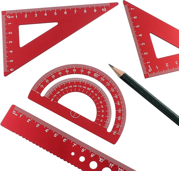 4 Pcs Triangular Ruler Set, Aluminum Alloy Geometry Tools, Metal Drafting Ruler for Students, Draftsmen, Engineers, School Office Supplies with Protractor & Metric Scales (Red)