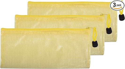 3 Pcs 4.13" x 9.25" Bills Sizes Mesh Zipper Pouch Bags, Mesh Bags with Zipper，Waterproof Clear Document Pouch for Organization Puzzles Travel, Office, Classroom Organization, Bills Yellow