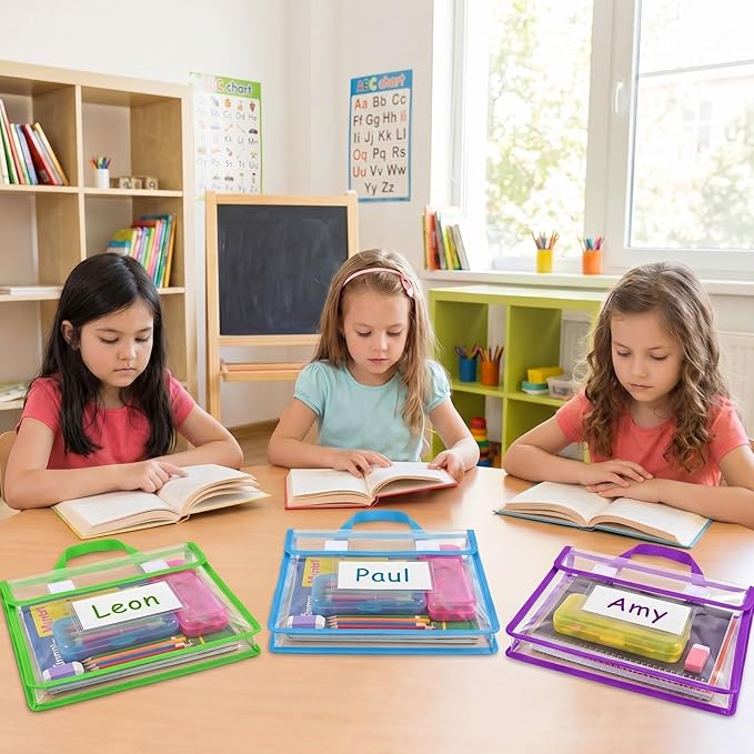 Teling 6 Pack Thick Clear Book Pouches with Blank Name Tags and Handles Book Baggies Bags Bins Organizer for School Classroom Library Pockets Students (14 x 11 Inch,Bright Color)