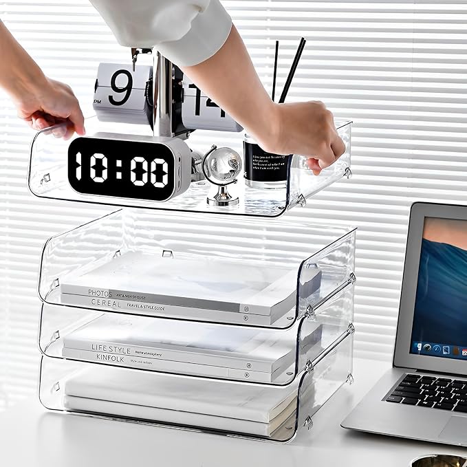 Gagee 4 Pack Paper Organizer for Desk,Stackable Paper Tray Book Holder for Classroom,Office and More,Letter Tray Desk Organizer,Clear