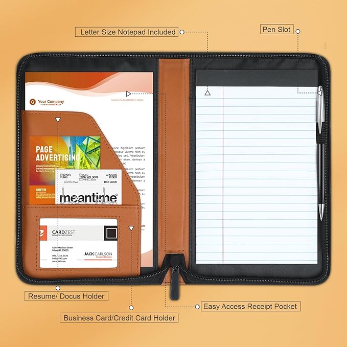 Small Portfolio/Zippered Padfolio Binder, Book Style Hardback Design, Business & Interview Portfolio Organizer, 5 x 8 Writing Pad Included, Brown