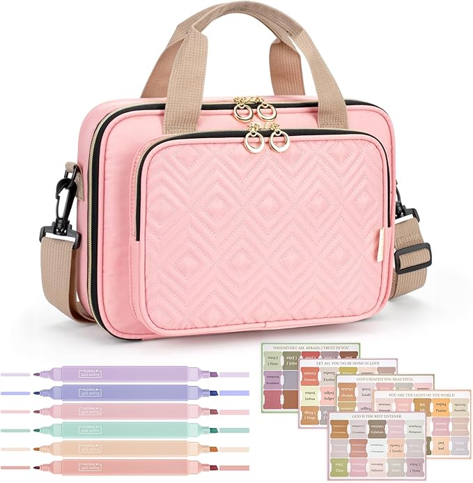 Bible Cover Case for Women, Large Bible Bag Carrying Case with Shoulder Strap, Bible Study Supplies Bible Journaling Kit Book Carrying Case with Bible Highlighters Tabs