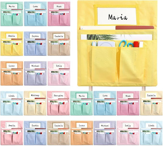 gisgfim 24 Pcs Small Chair Pockets for Classroom 13 x 14 Inch Bag with Name Tag Multi Pockets Chairsback Pouch Organizer for Student Kindergarten Elementary Daycare (Pastel)