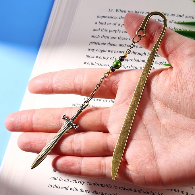 Vintage Dagger Sword Pendant Brass Metal Hook Bookmark with Bead Chain,Handmade Bookmarks for Reading Women,Men,Book Lovers,Girls,Teens,Teachers and Students