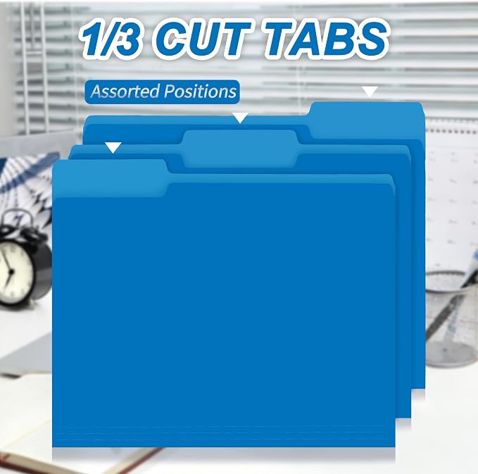 VZCPYTPM 100 Packs Blue File Folder,1/3-Cut Tabs,Heavy Duty Paper File Folders Letter Size,8.5x11 Inch Manilla File Folders for Office Filing,School Projects and Home Document Organizing