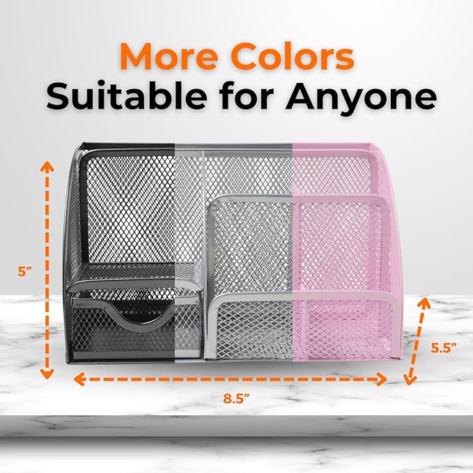 Mesh Desk Organizer - Office Accessories with Sticky Notes, 6 Compartments & Drawer, Pen Holder for Home, School