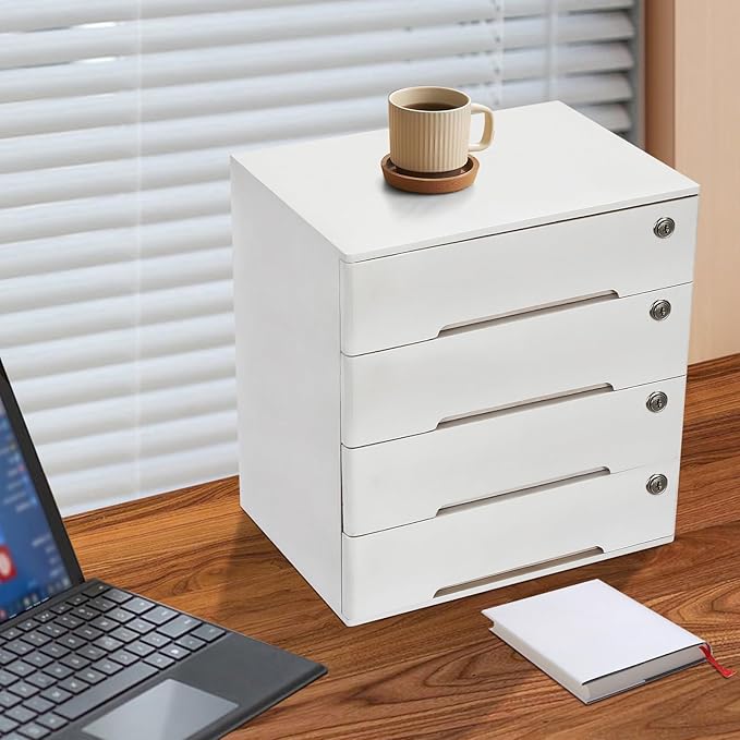 4-Tiers Wooden Desktop Storage Box with Lockable Drawers, Office Supplies File Organizer, Flat File Cabinet Store Stamps, Sticky Notes, Paper Clips, Scissors, for Office, Study, White