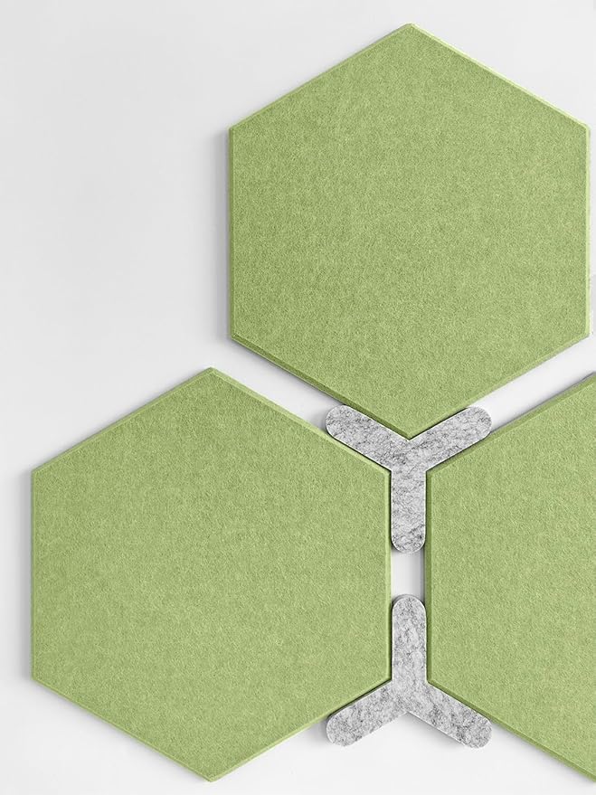 Hexagon Felt Board Tiles - 12 Packs Self Adhesive Pinboard & Acoustic Panels | Modern Office Wall Decor for Home | Sound Absorbing Bulletin Board - Spring Green