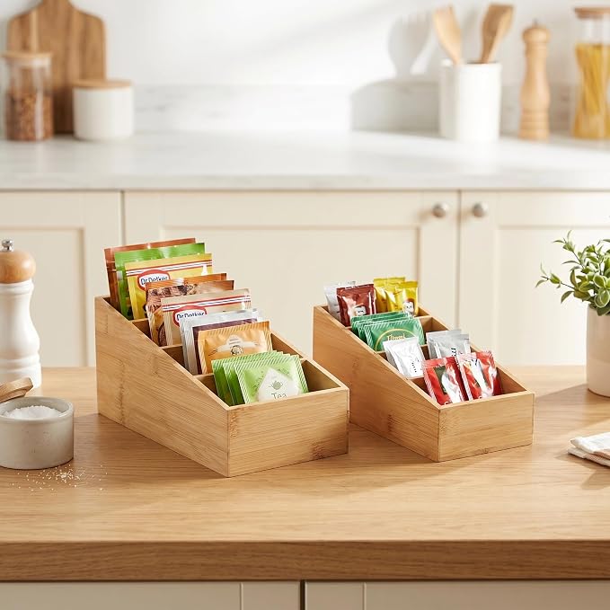 2 Pack Bamboo Snack Organizer for Kitchen, Cabinet, Office,countertop, Wood Food Pantry Organizers and Storage for Spices, Snacks, Tea, Coffee, Seasoning Pouches (4 Section)