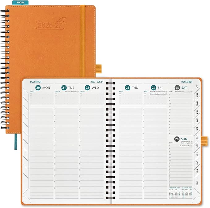 BEZEND Weekly Planner 2026-2027 (6" x 8.5") with Hourly Timeslots (Jul 26-Dec 27) 18 Months Academic Calendar & Monthly Tabs, for Students, Work & Home, Spiral PU Leather Softcover -Orange