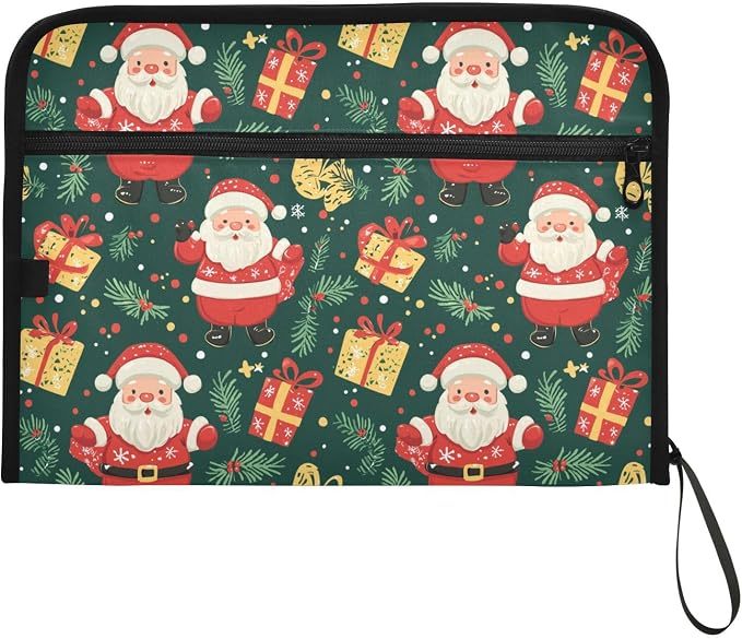 File Folders Santa Claus Gifts and Christmas Green Plastic Folders with 13 Pockets, Expandable File Folder for Documents School Students Office, Aesthetic Folder with Labels A4 Letter Size