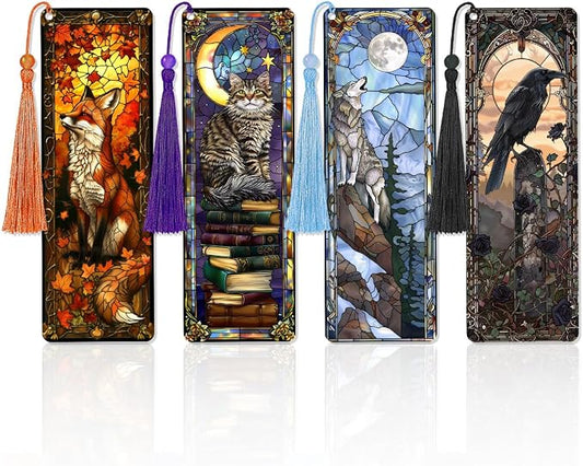 4 Pcs Fantasy Animal Bookmarks Gifts for Reading Women, Stained Glass Transparent PVC Book Marks with Tassels, Cute Black Cat Design Gift, Cool Book Accessories for Book Lovers Bookish