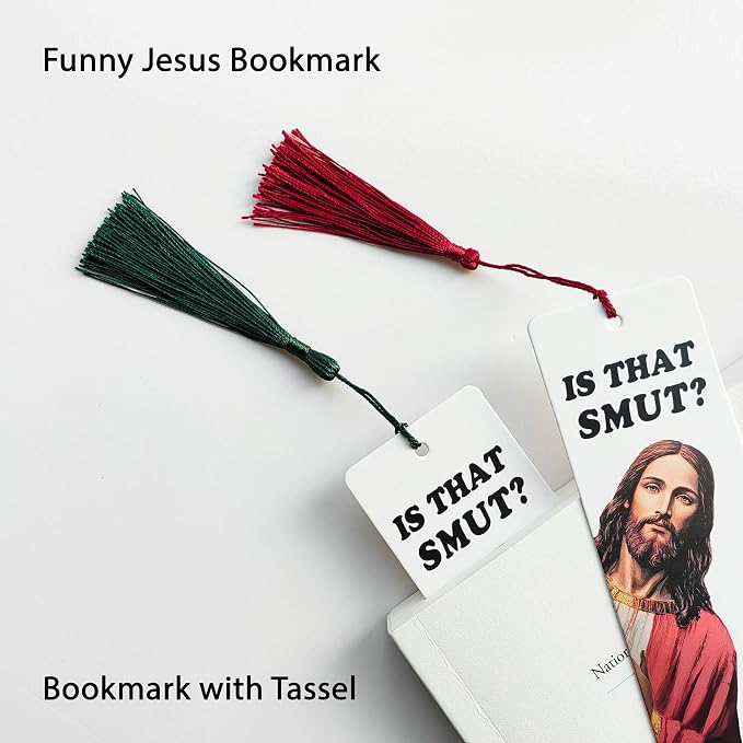 Funny Jesus Bookmark Set “Is That Smut?”, Peeking Jesus Bookmark with Tassel, Humor Bible Reading Accessory for Book Lovers, Novel Readers, Cute Reading Marker Pack of 2 (Red, Green)