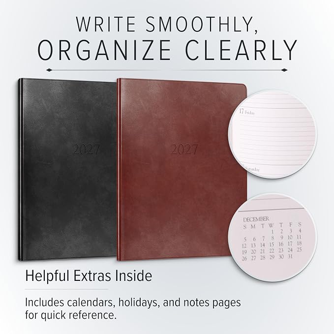 Gallery Leather Large Weekly Monthly Planner 2027, Elegantly Bound Calendar Planner and Notebook with Stylish Gold-Gilded Page Edges, 12 Months - Tremont Garnet - 9.75x7.5"