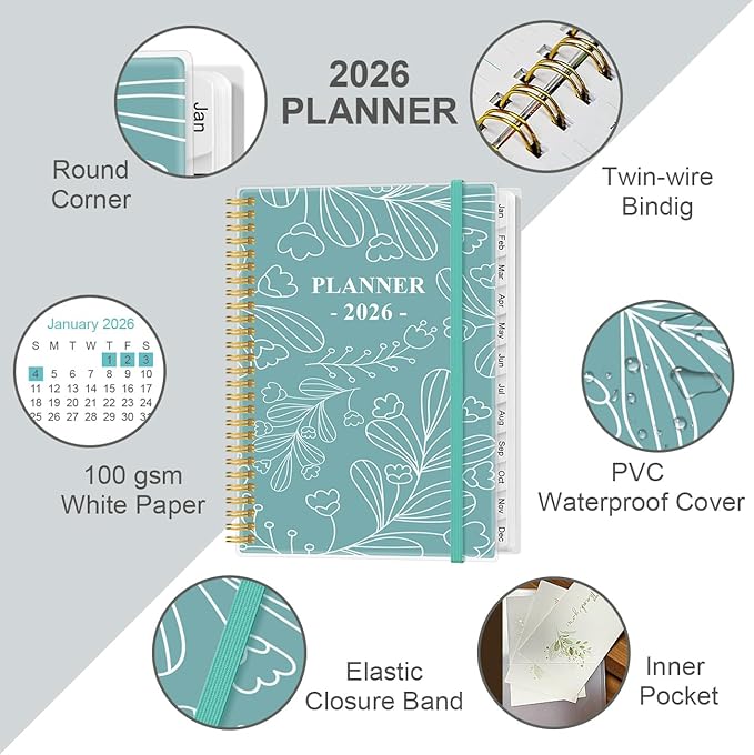 2026 Planner - 8.5" x 11" Weekly Monthly Planner from January 2026 to December 2026, Planners 2026 with 12 Monthly Tabs, Inner Pocket, Elastic Closure, Teal Leaf