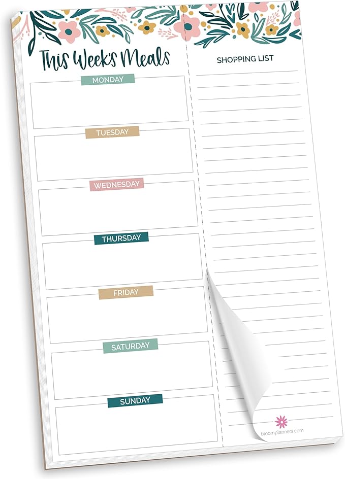 bloom daily planners Weekly Meal Planning Pad - Magnetic Hanging Refrigerator Menu Planner with Tear-Off Sheets & Perforated Grocery Shopping Lists - 6” x 9” (Garden Blooms)