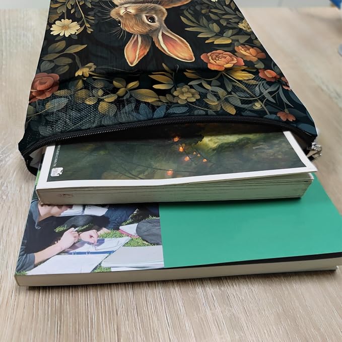 Vintage Flower Rabbit William Morris Book Sleeve for Book Lovers, Bookish Book Protector with Zipper, Washable Fabric Book Cover for Paperbacks & Hardcovers,11.4 x 9.1Inches (Black-Rabbit, Medium)